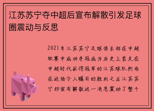 江苏苏宁夺中超后宣布解散引发足球圈震动与反思